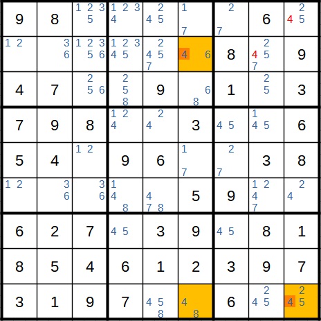 Sudoku Beispiel 1 Schritt 11 Widerspruchstechnik